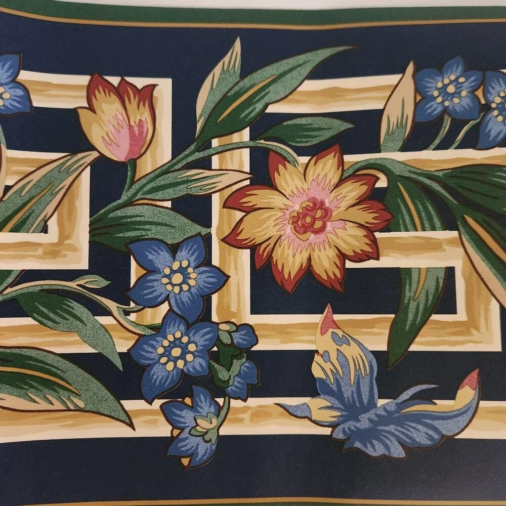Waverly‎ Wallpaper Border 5 Yds Floral Butterfly Botanical Print Navy Blue Green